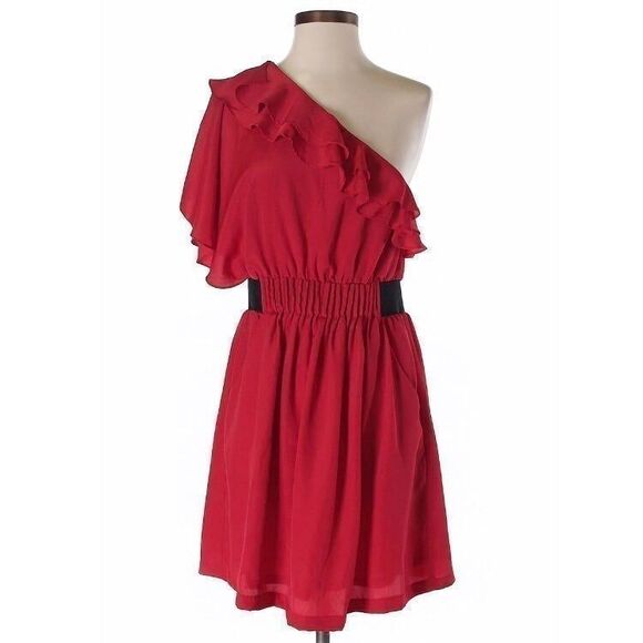 NWOT Sugar Lips Size S Pockets Pleated Red Fit Flare One Shoulder Cocktail Dress - Picture 1 of 3